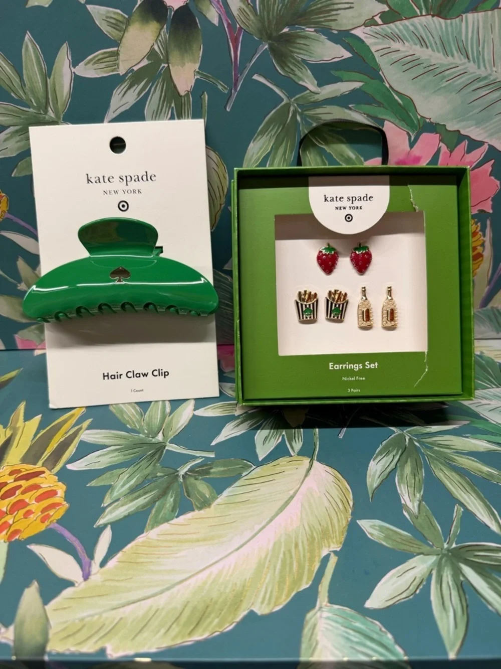 kate spade x Target green hair claw clip and 3-pair earring set NWT